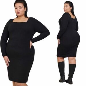 Torrid Foxy Square Neck Long Sleeve Black Bodycon Stretch Sheath Dress Size 2X